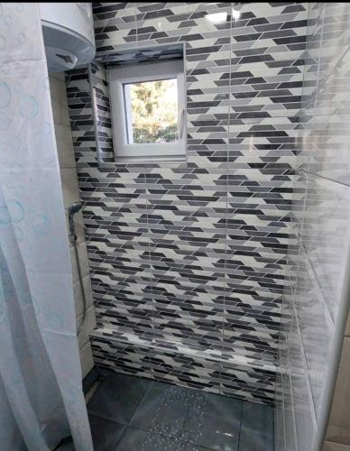a bathroom with a shower curtain and a window at Apartman Trifko in Pale