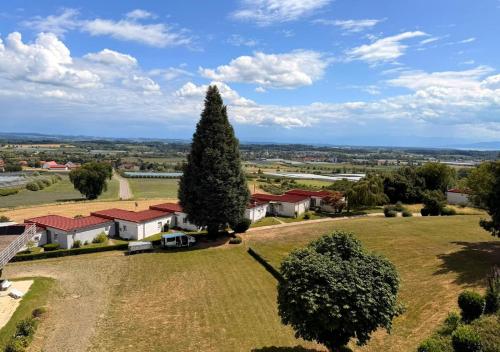an aerial view of a house with a large tree at See- & Bergblick Oberteuringen 58 mit beheiztem Indoor-Pool in Oberteuringen