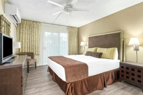 a bedroom with a large bed and a television at Plantation Hale Suites in Kapaa