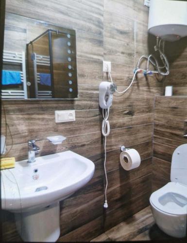 a bathroom with a sink and a mirror and a toilet at Archil in Batumi International Airport