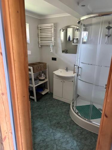 a bathroom with a shower and a sink at Domek wypoczynkowy Nad Brdą in Przechlewo