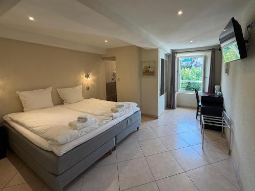 a bedroom with a bed and a desk and a television at Résidence Callas in Callas