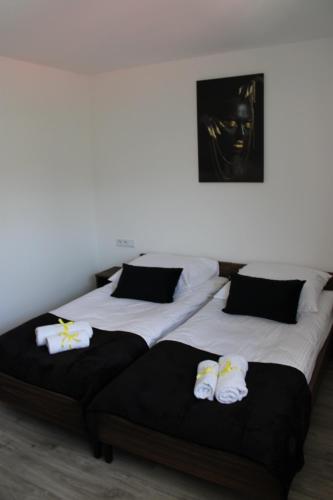 a bedroom with two beds with black and white pillows at BSApartament in Piwniczna-Zdrój
