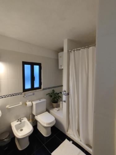 a white bathroom with a toilet and a sink at Pinzalez 