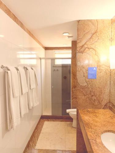 a bathroom with a shower and a toilet and a sink at Hotel Astoria Copacabana in Rio de Janeiro