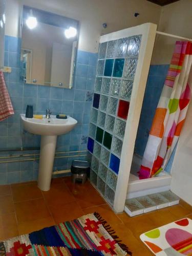a bathroom with a sink and a mirror and a shower at Villa creole in Le Diamant