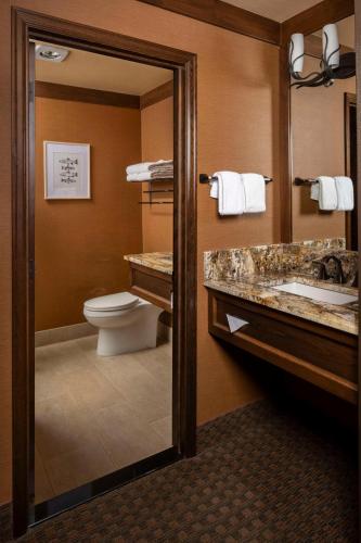 a bathroom with a toilet and a sink and a mirror at Wayfinder Bishop in Bishop