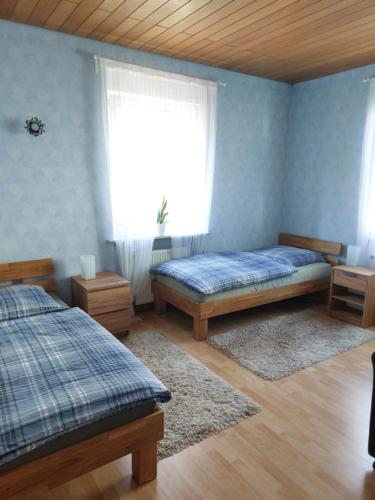 a bedroom with two beds and a window at Ferienwohnung in Flörsheim am Main