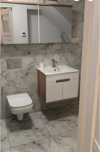 a bathroom with a white sink and a toilet at Polna 16 in Mrągowo