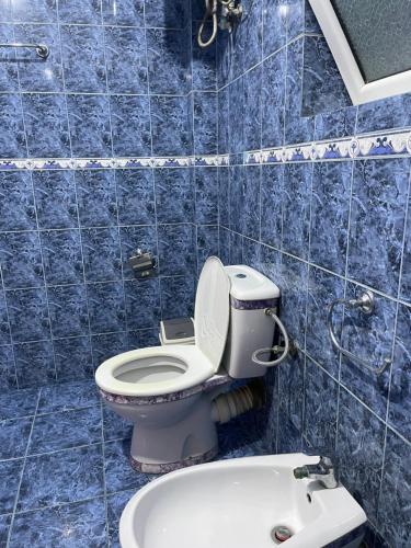 a blue tiled bathroom with a toilet and a sink at Family-friendly in Pogradec