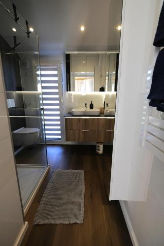 a bathroom with a sink and a toilet and a mirror at Häuschen am Traunig in Hermagor