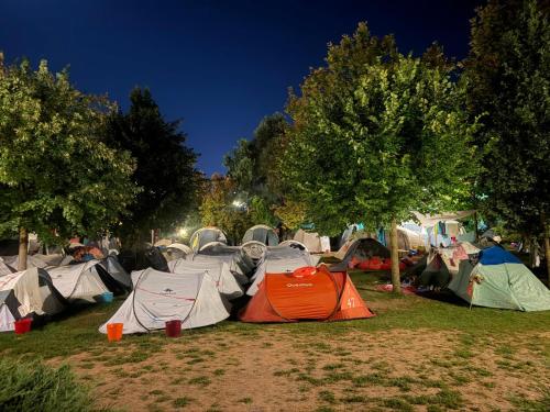a group of tents in a field with trees at Camping Sandalandia in Vama Veche