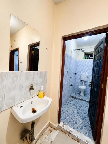 a bathroom with a sink and a shower with a toilet at Nyeri 1 Bedroom BnB in Nyeri