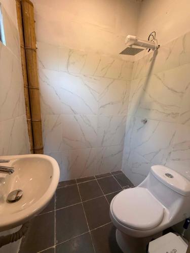 a bathroom with a white toilet and a sink at Greengoat Haven in Santa Marta