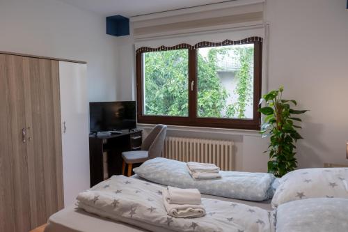 a bedroom with two beds and a window at Restaurant Hotel Friesdorfer Hof in Bonn