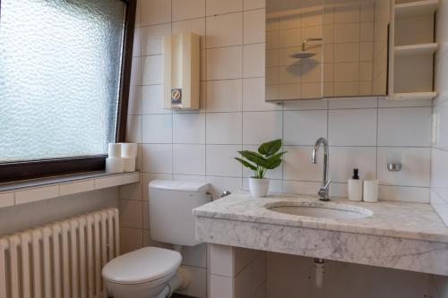 a bathroom with a sink and a toilet and a window at Restaurant Hotel Friesdorfer Hof in Bonn