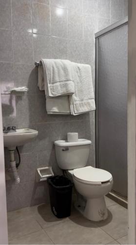 a bathroom with a toilet and a sink and towels at Hotel Cielo Huasteco in Ciudad Valles
