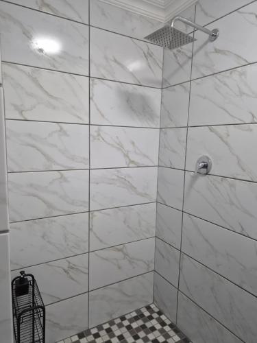 a bathroom with a shower with white marble walls at 42AtSouth in Vryheid