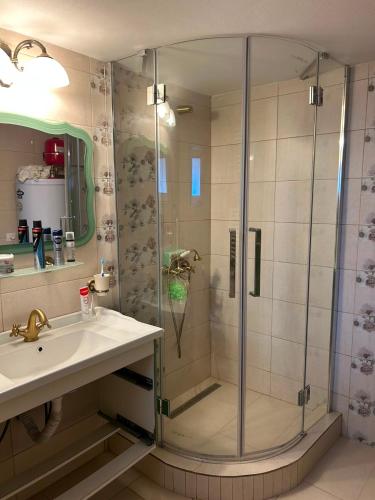a bathroom with a shower and a sink at La Nea Traian in Vama Buzăului