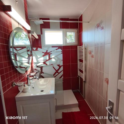 a bathroom with a sink and a mirror at Apartament -BeaSarah-Orsova in Orşova