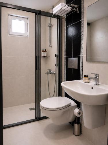 a bathroom with a toilet and a sink and a shower at Kestanbol Hotel in Çanakkale