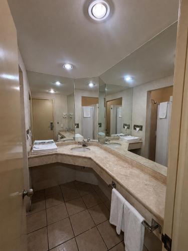 a bathroom with a large sink and a large mirror at Plaza Inn Express in Tapachula