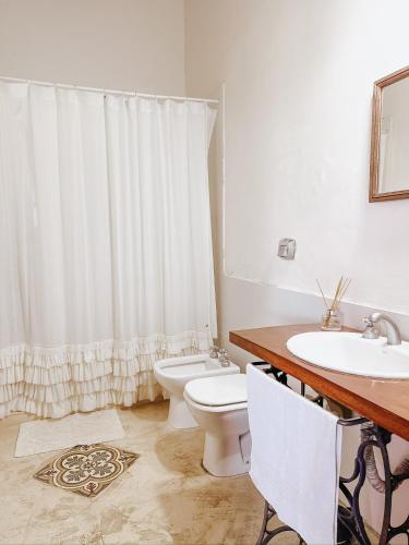 a white bathroom with a toilet and a sink at Hostería Rural Les Aldudes in San Andrés de Giles