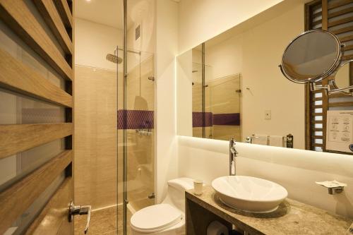 a bathroom with a sink and a toilet and a mirror at Mercure Bogota BH Retiro in Bogotá