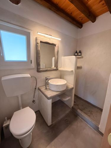 a bathroom with a sink and a toilet and a mirror at mare Mali Tinos in Mamádhos