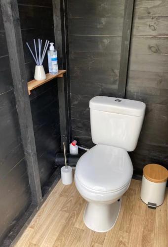 a bathroom with a white toilet in a room at Sora Bell Tent in Coxwold