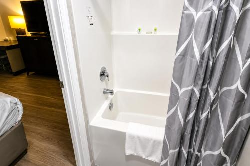 a bathroom with a bath tub with a shower curtain at Rocky Mount Motel near Hwy 220 in Rocky Mount