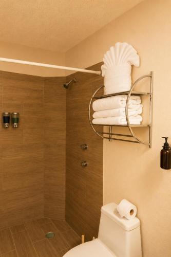 a bathroom with a toilet and a shower with towels at Balcones de Galarza 24 in Guanajuato