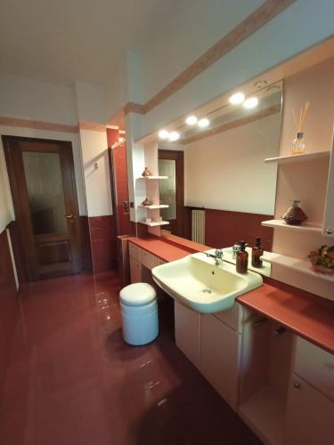 a bathroom with a sink and a large mirror at Appartamento in villa con vista Monviso in Piossasco