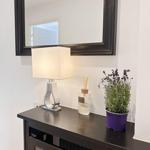 a lamp on a table with a mirror and plants at C34-Panorama in Chantilly