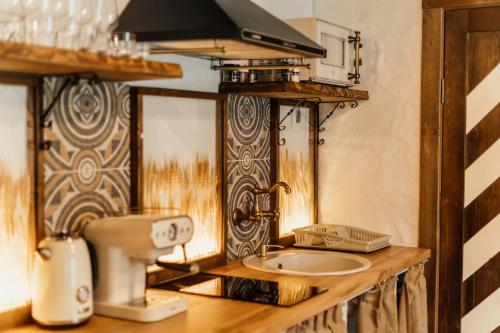 a kitchen counter with a sink and a blender at Villa Pelahia in Slavske
