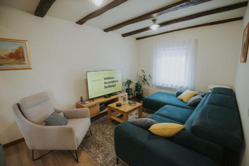 a living room with a blue couch and a tv at Kuća za odmor Back to Bašić in Mandičevac
