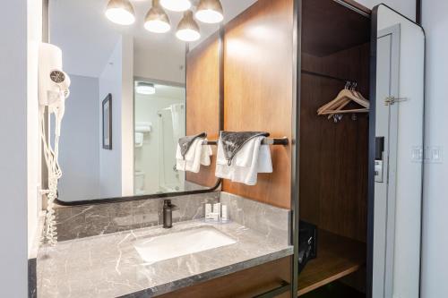 a bathroom with a sink and a mirror at Ramada by Wyndham Surrey/Langley in Langley