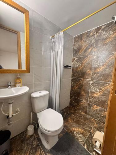 a bathroom with a toilet and a sink and a shower at Apto acogedor en Ibague in Ibagué
