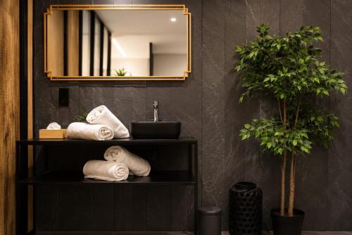 a bathroom with a sink and towels and a mirror at Wellness queen in Harzé