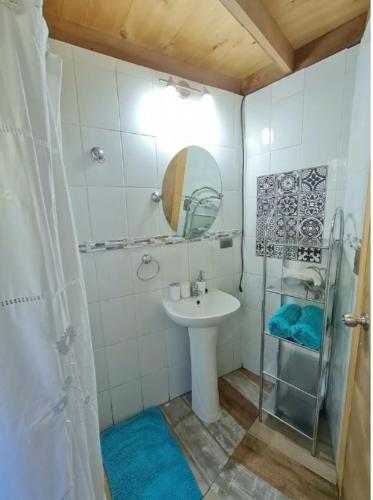 a small bathroom with a sink and a shower at Domos y Cabañas Antu Mahuida in Melipeuco