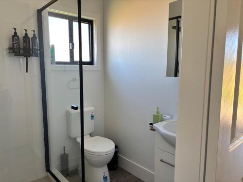 a white bathroom with a toilet and a sink at Hanger Ridge Cabin in Goodger