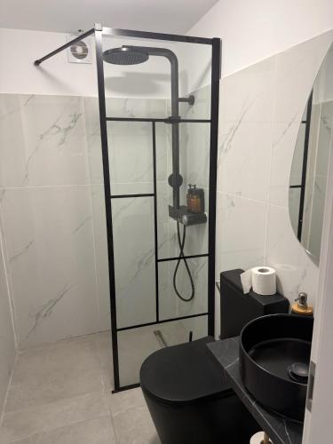 a bathroom with a shower and a black toilet at Coconut beach villas 4 in Schinias