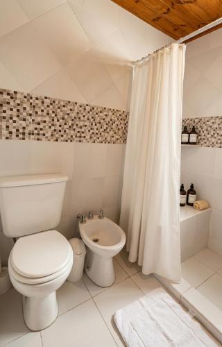 a white bathroom with a toilet and a shower at Aromas de Cafayate in Cafayate