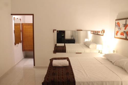 1 dormitorio con 2 camas y un espejo grande en Casa D'Sami B & B, en Ubud