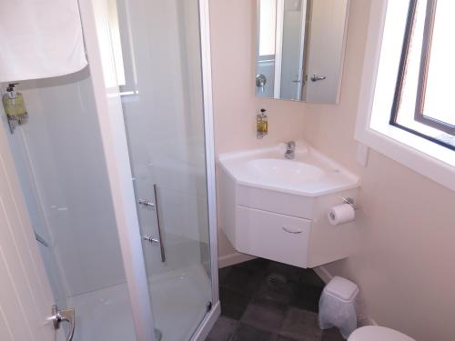 a white bathroom with a shower and a sink at Wheels and Reels Accommodation in Mossburn