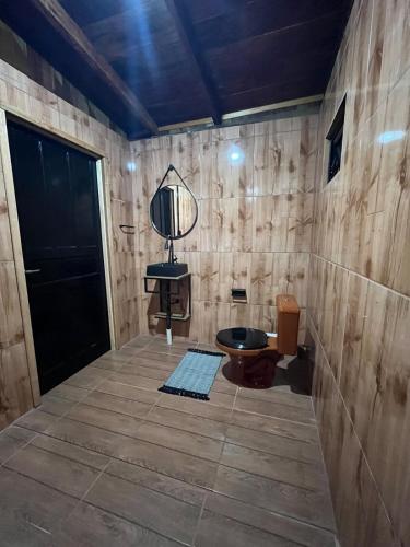 a room with a bathroom with a toilet and a mirror at Ruhehaus in Arabutã