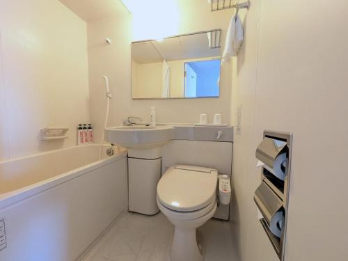 a bathroom with a toilet and a sink and a mirror at Green Rich Hotel Kagoshima Tenmonkan in Kagoshima