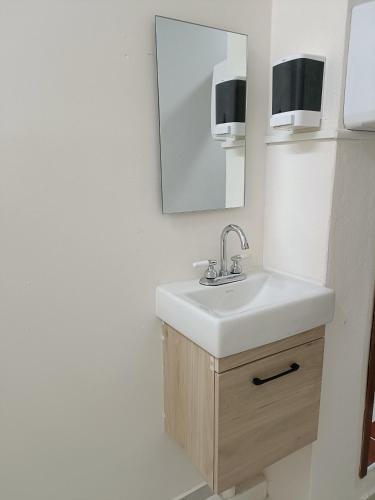 a bathroom with a sink and a mirror at Jardin 85 Boutique Hostel in Morelia