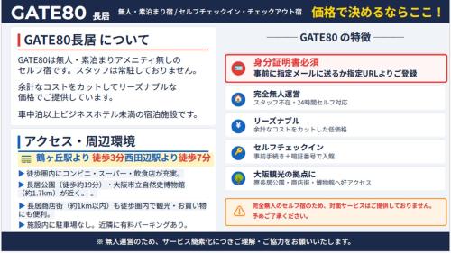 GATE80長居 無人宿 完全セルフ 予約メッセージ欄確認要す スマートロック 暗証番号チェックイン 素泊まり専門 アメニティ持参で格安滞在 セコム24h監視 駐車場なし