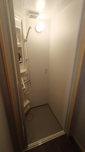 a small bathroom with a shower and a light at 茶室山谷庵 in Gero